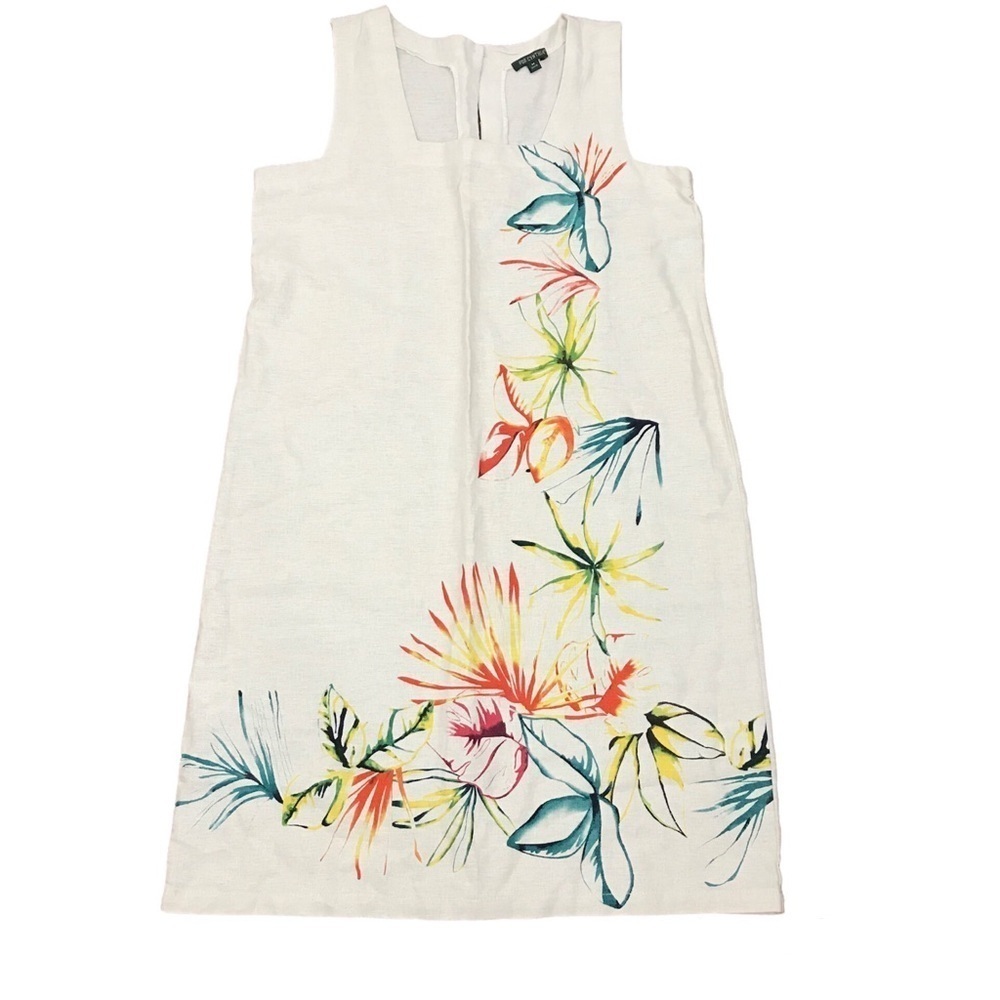 FOR CYNTHIA Linen Beige/Cream Floral Sleeveless Dress SIZE MEDIUM